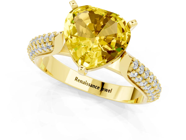 Yellow gold Heart Cut Yellow Sapphire Solitaire Engagement Ring with Multi-Row Round Pavé Band and Prong Setting