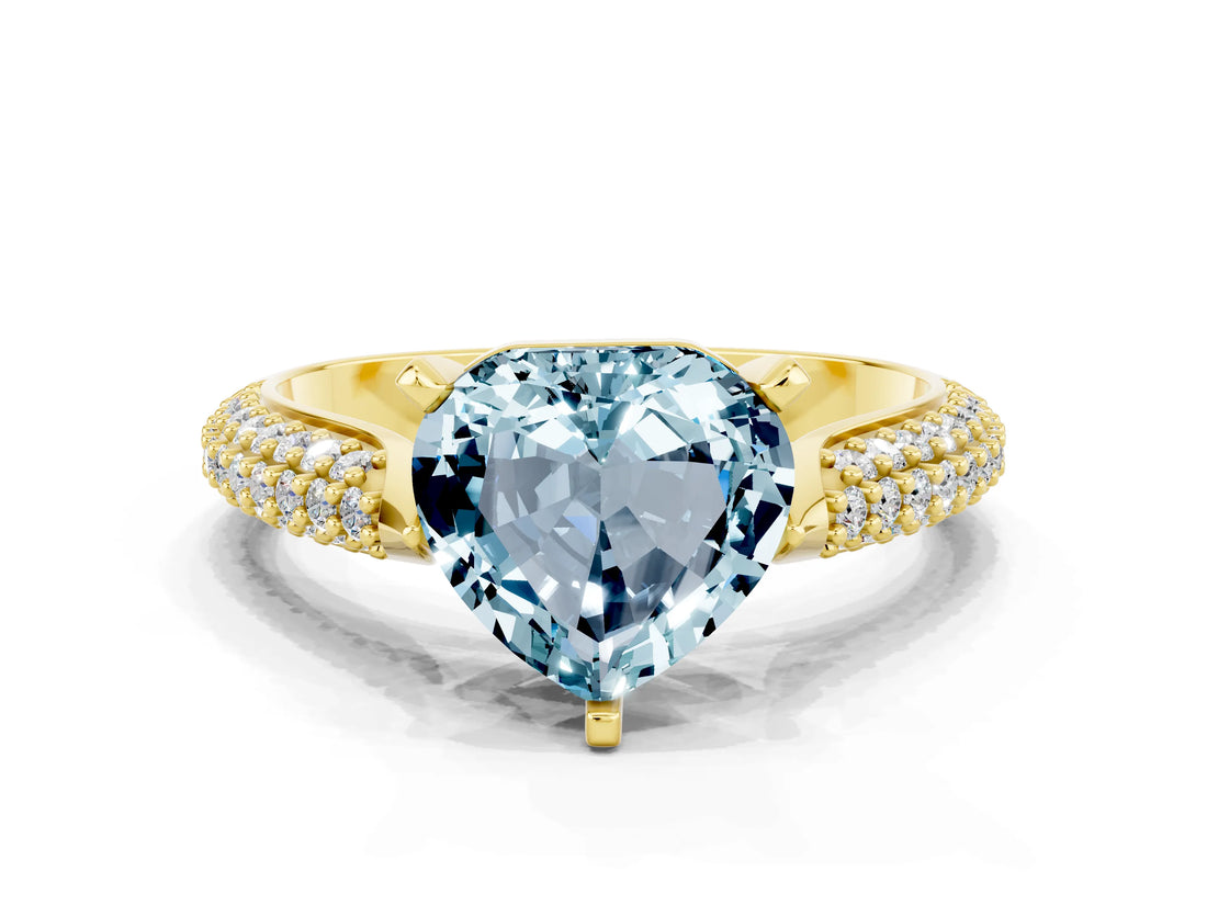 Yellow gold Heart Cut Diamond Solitaire Engagement Ring with Pavé Band and Four-Prong Setting