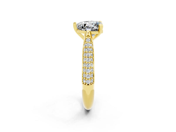 Yellow gold Heart Cut Moissanite Solitaire Engagement Ring with Multi-Row Round Pavé Band and Prong Setting