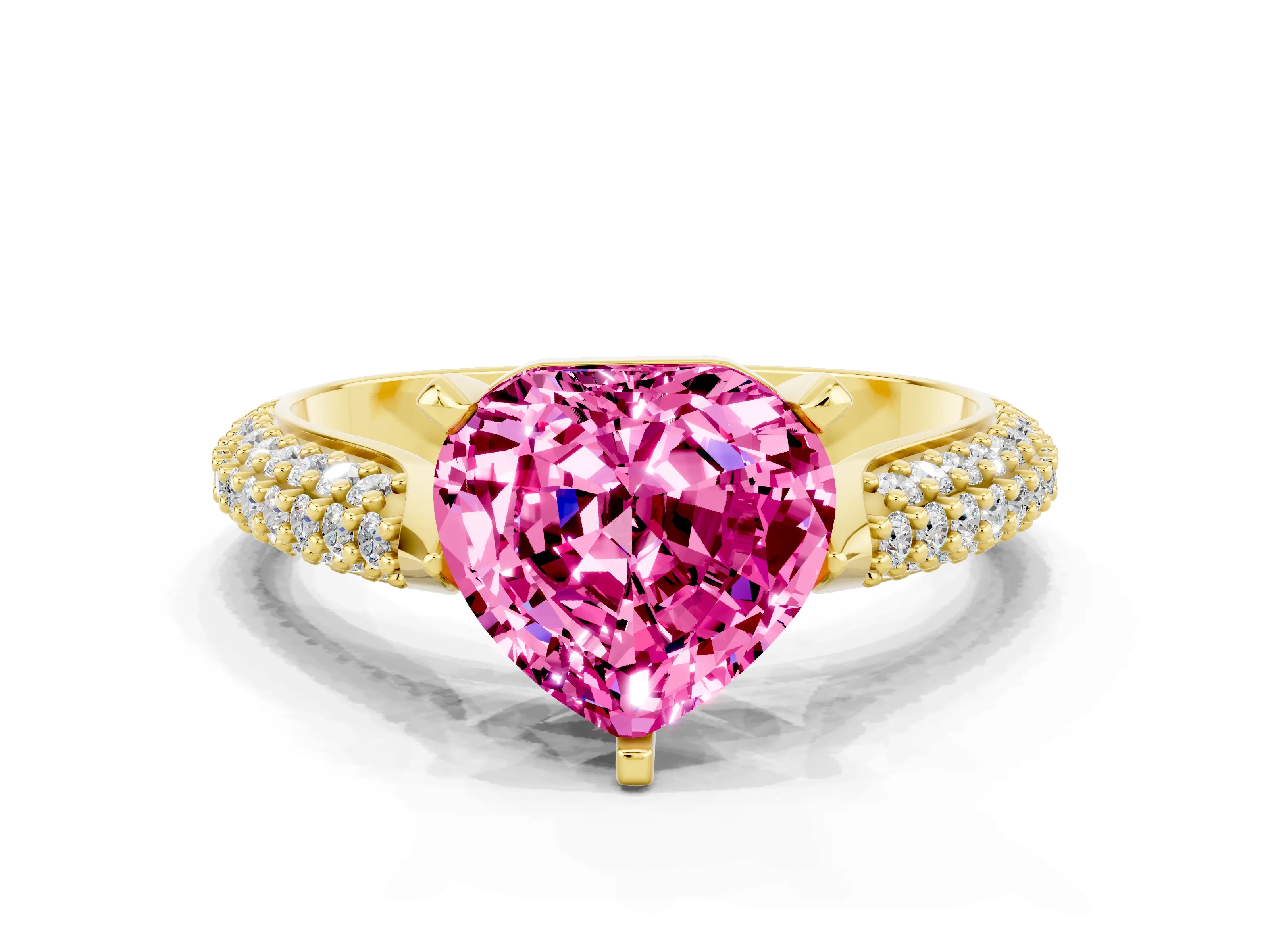 Yellow gold Heart Cut Diamond Solitaire Engagement Ring with Pavé Band and Four-Prong Setting