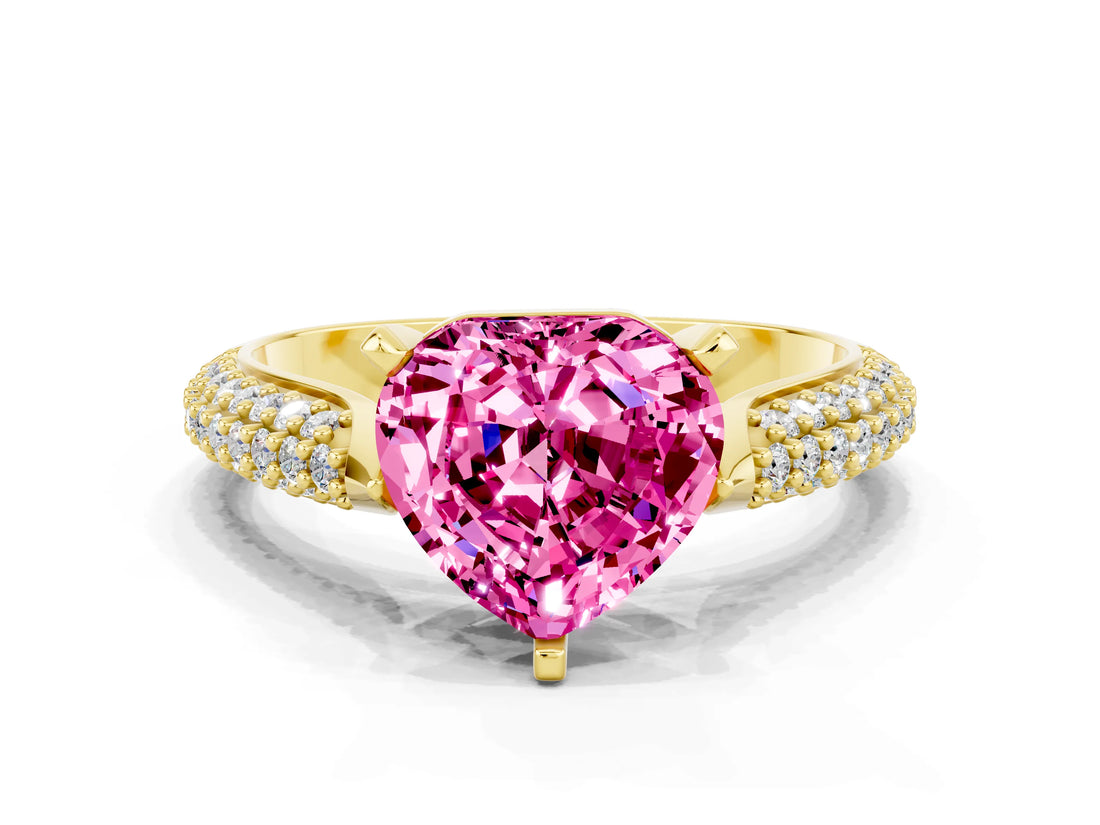 Yellow gold Heart Cut Diamond Solitaire Engagement Ring with Pavé Band and Four-Prong Setting