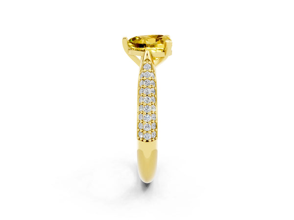 Yellow gold Heart Cut Yellow Sapphire Solitaire Engagement Ring with Multi-Row Round Pavé Band and Prong Setting