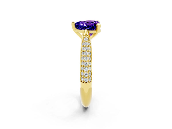 Yellow gold Heart Cut Tanzanite Solitaire Engagement Ring with Multi-Row Round Pavé Band and Prong Setting