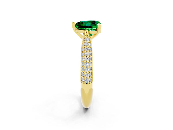 Yellow gold Heart Cut Emerald Solitaire Engagement Ring with Multi-Row Round Pavé Band and Prong Setting