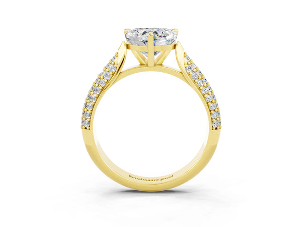 Yellow gold Heart Cut Moissanite Solitaire Engagement Ring with Multi-Row Round Pavé Band and Prong Setting