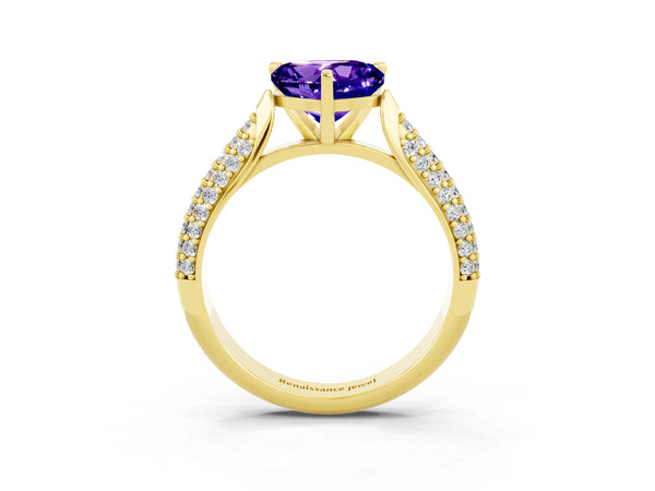 Yellow gold Heart Cut Tanzanite Solitaire Engagement Ring with Multi-Row Round Pavé Band and Prong Setting