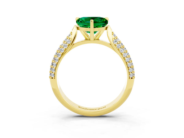 Yellow gold Heart Cut Emerald Solitaire Engagement Ring with Multi-Row Round Pavé Band and Prong Setting