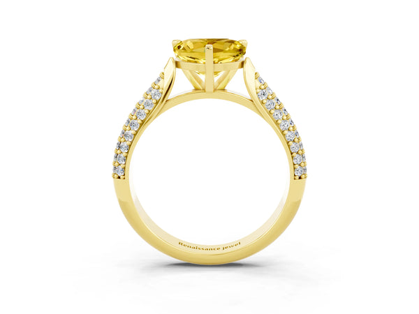 Yellow gold Heart Cut Yellow Sapphire Solitaire Engagement Ring with Multi-Row Round Pavé Band and Prong Setting