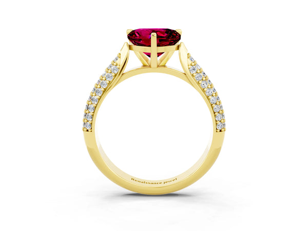 Yellow gold Heart Cut Garnet Solitaire Engagement Ring with Multi-Row Round Pavé Band and Prong Setting