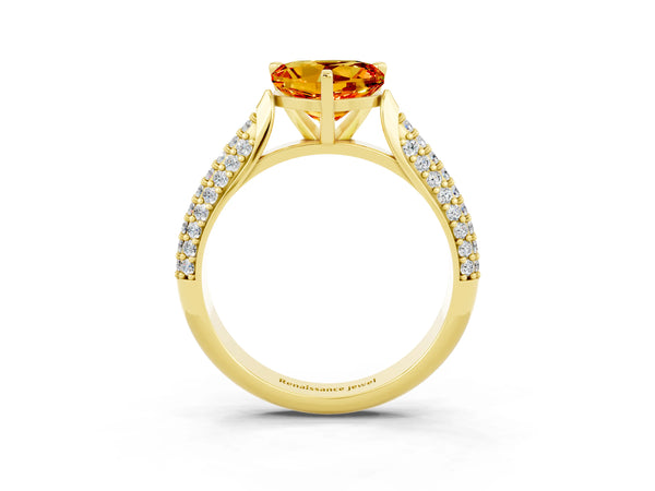 Yellow gold Heart Cut Citrine Solitaire Engagement Ring with Multi-Row Round Pavé Band and Prong Setting