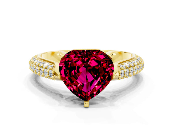 Yellow gold Heart Cut Garnet Solitaire Engagement Ring with Multi-Row Round Pavé Band and Prong Setting