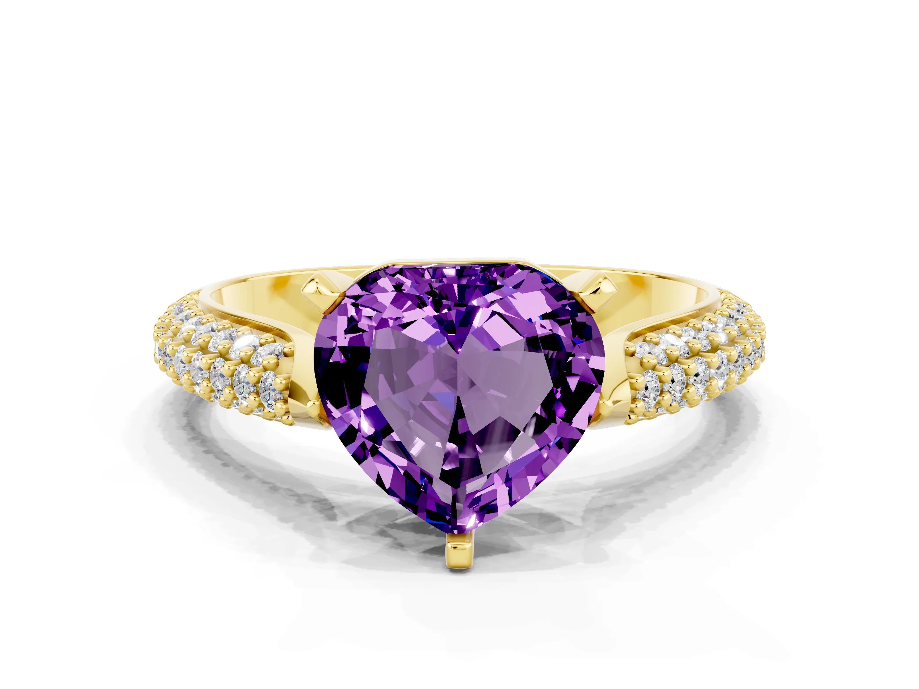 Yellow gold Heart Cut Diamond Solitaire Engagement Ring with Pavé Band and Four-Prong Setting