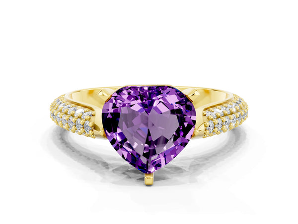 Yellow gold Heart Cut Amethyst Solitaire Engagement Ring with Multi-Row Round Pavé Band and Prong Setting