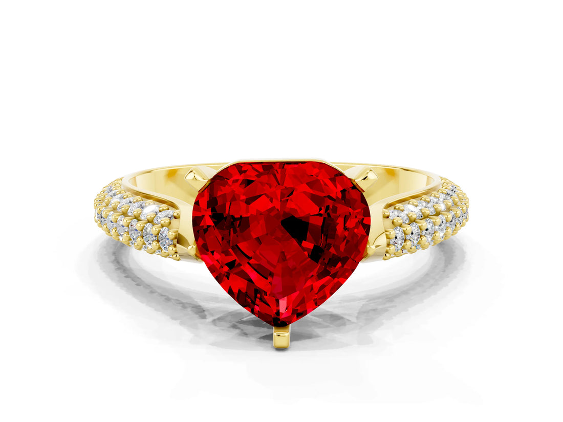 Yellow gold Heart Cut Diamond Solitaire Engagement Ring with Pavé Band and Four-Prong Setting