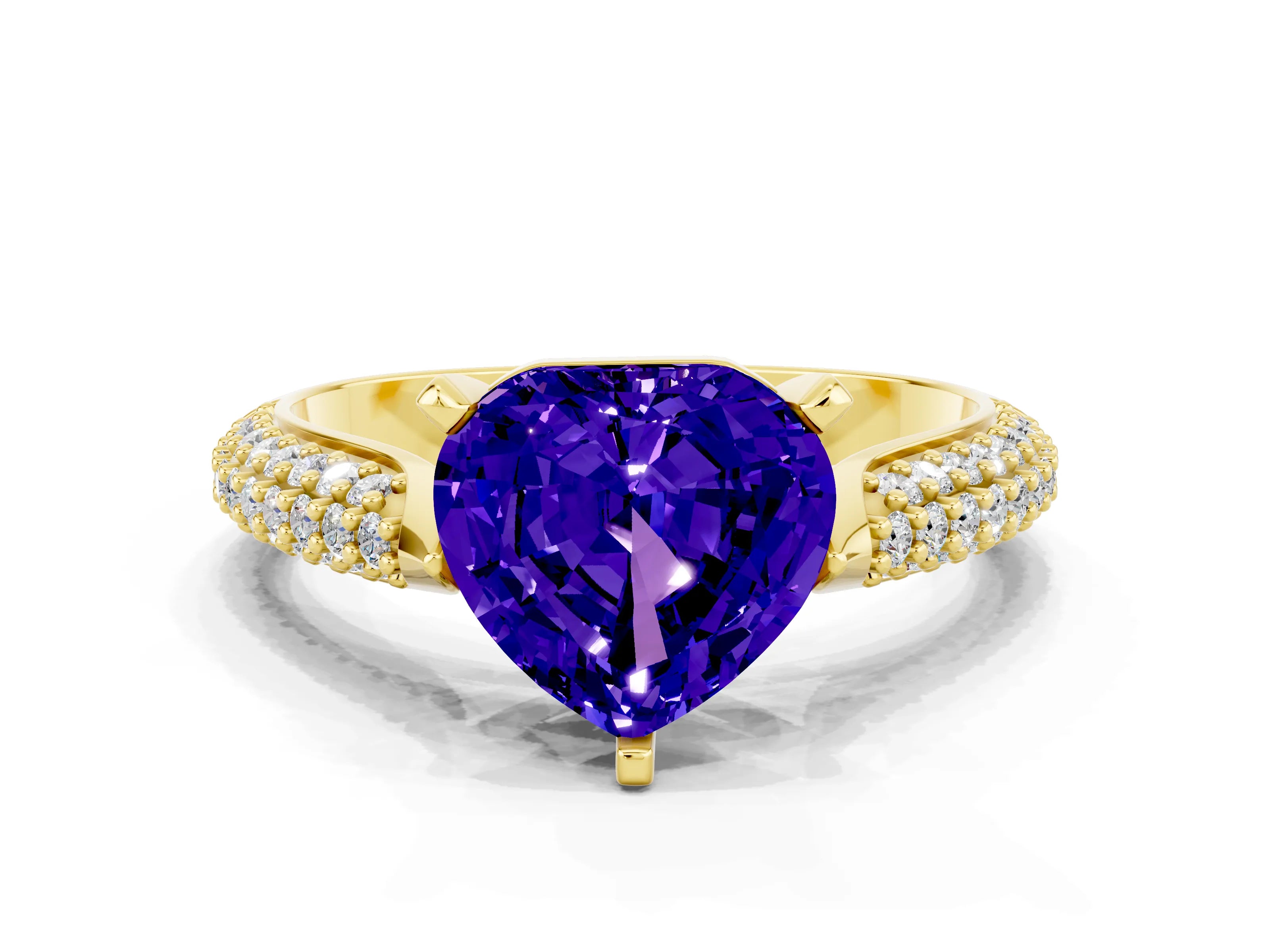 Yellow gold Heart Cut Diamond Solitaire Engagement Ring with Pavé Band and Four-Prong Setting