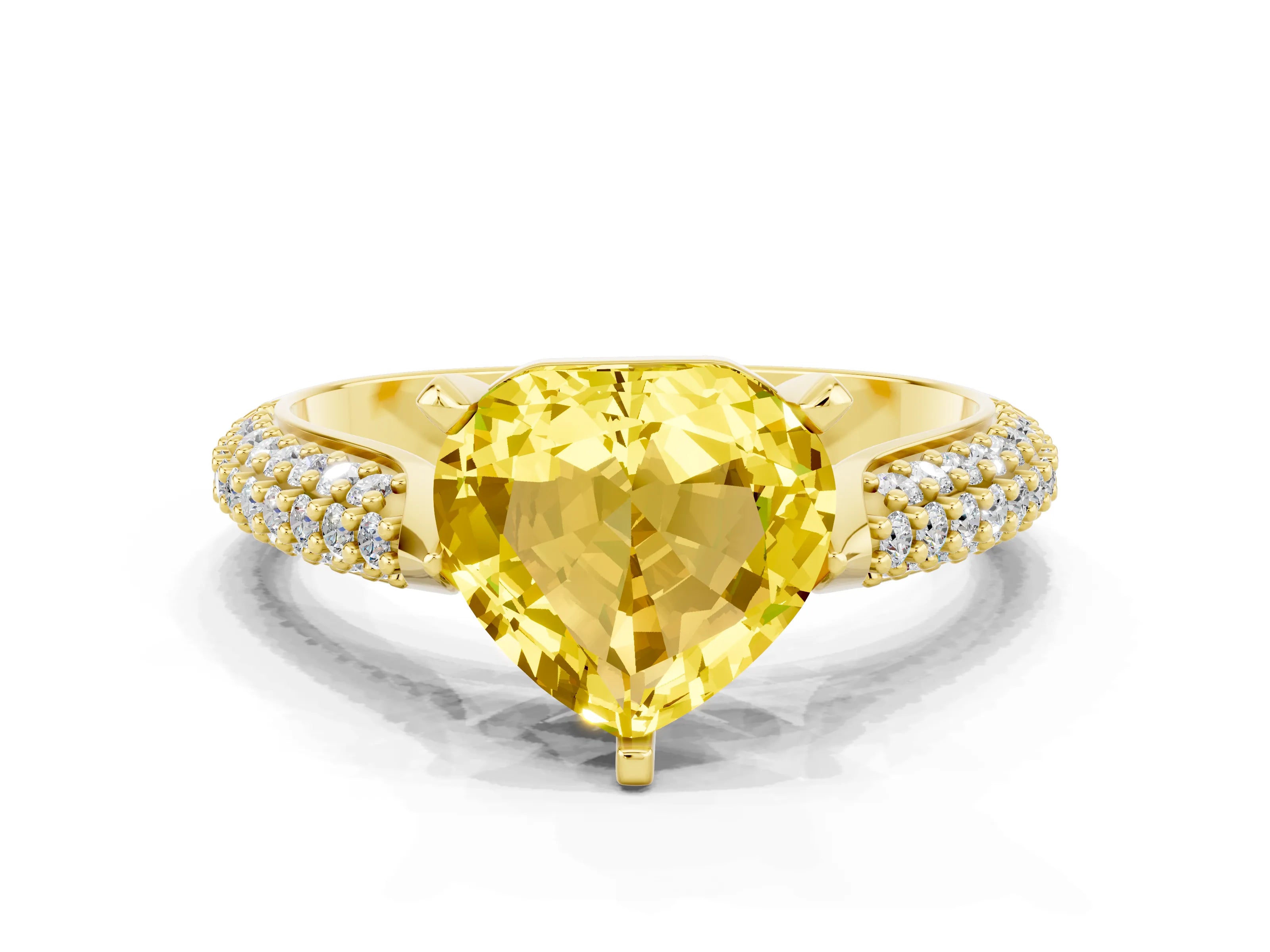 Yellow gold Heart Cut Diamond Solitaire Engagement Ring with Pavé Band and Four-Prong Setting