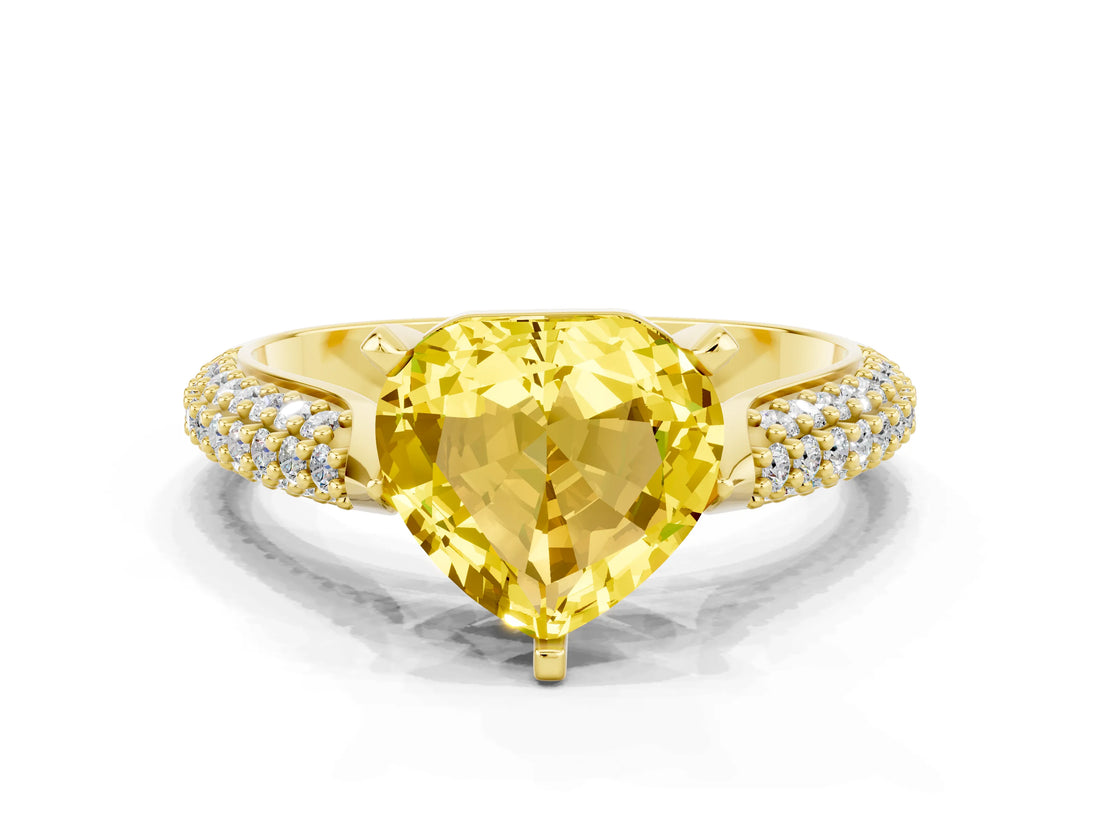 Yellow gold Heart Cut Diamond Solitaire Engagement Ring with Pavé Band and Four-Prong Setting
