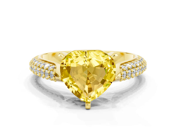 Yellow gold Heart Cut Yellow Sapphire Solitaire Engagement Ring with Multi-Row Round Pavé Band and Prong Setting