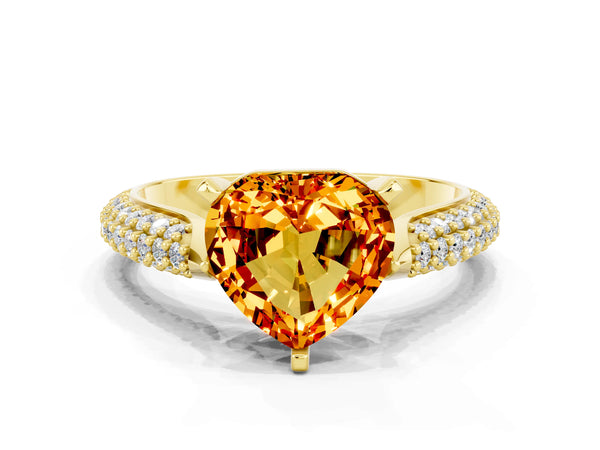 Yellow gold Heart Cut Citrine Solitaire Engagement Ring with Multi-Row Round Pavé Band and Prong Setting