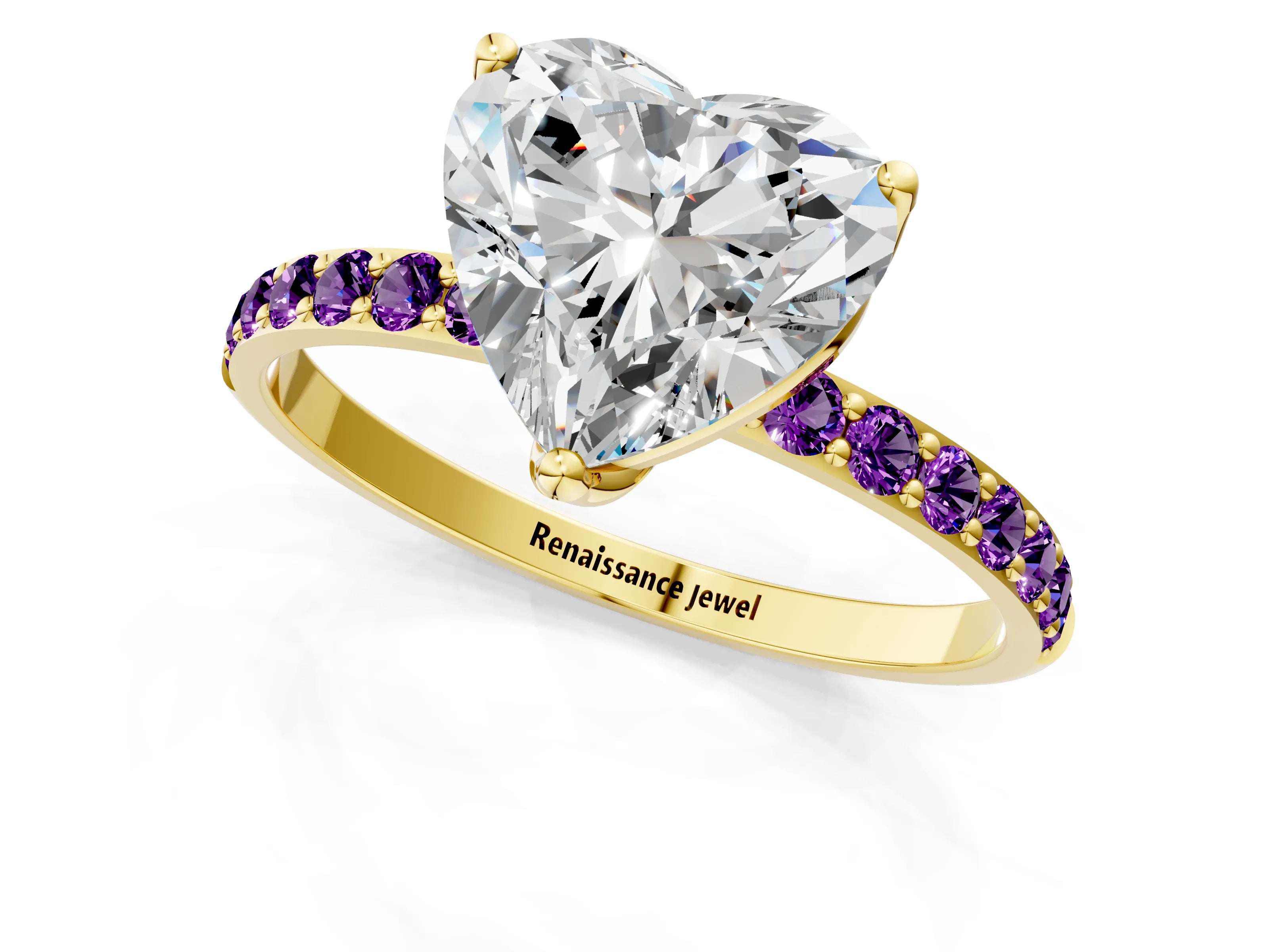 Yellow gold Heart Cut Diamond Solitaire Engagement Ring with Round with Amethyst side stone Pavé Band and Prong Setting_1