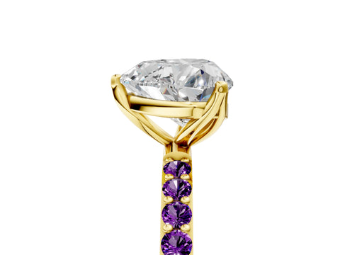 Yellow gold Heart Cut Diamond Solitaire Engagement Ring with Round with Amethyst side stone Pavé Band and Prong Setting_5