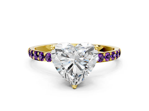 Yellow gold Heart Cut Diamond Solitaire Engagement Ring with Round with Amethyst side stone Pavé Band and Prong Setting