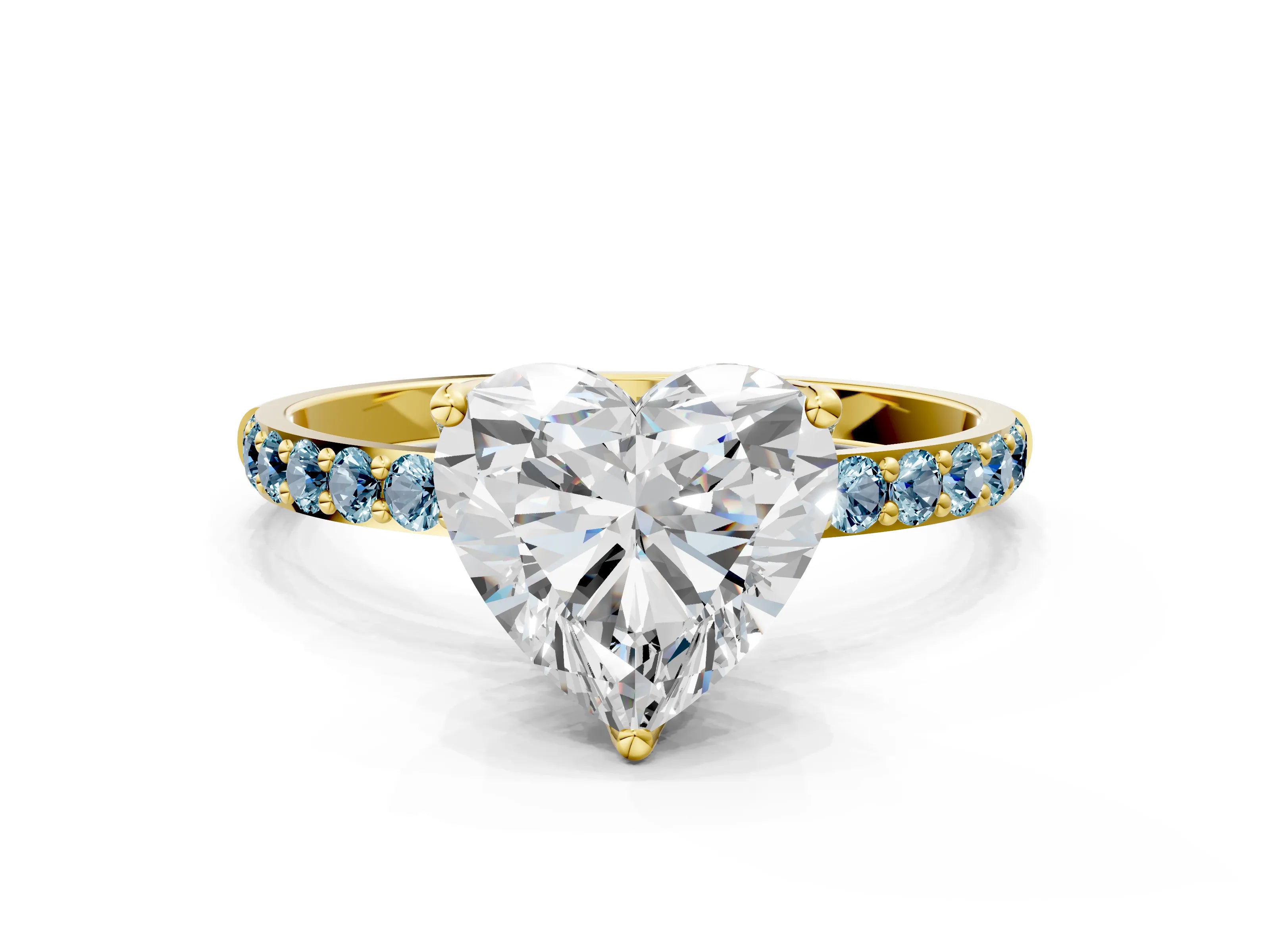 Yellow gold Heart Cut Diamond Solitaire Engagement Ring with Round with Aquamarine side stone Pavé Band and Prong Setting