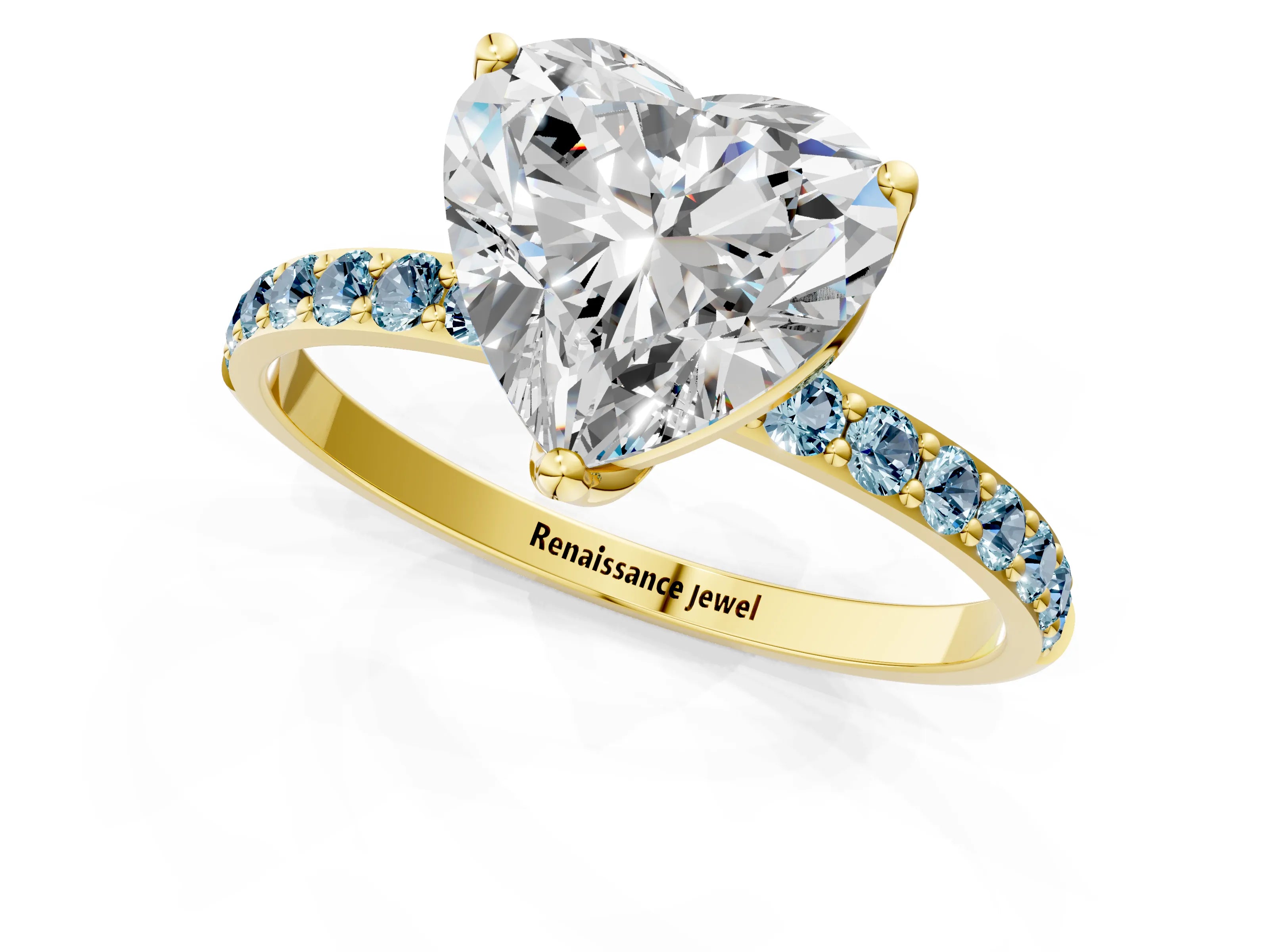 Yellow gold Heart Cut Diamond Solitaire Engagement Ring with Round with Aquamarine side stone Pavé Band and Prong Setting_1
