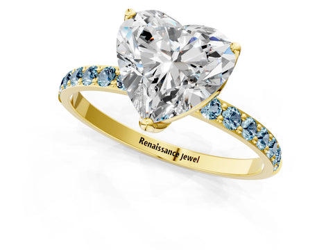 Yellow gold Heart Cut Diamond Solitaire Engagement Ring with Round with Aquamarine side stone Pavé Band and Prong Setting_1