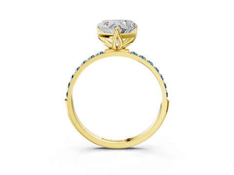 Yellow gold Heart Cut Diamond Solitaire Engagement Ring with Round with Aquamarine side stone Pavé Band and Prong Setting_3