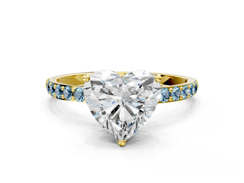 Yellow gold Heart Cut Diamond Solitaire Engagement Ring with Round with Aquamarine side stone Pavé Band and Prong Setting