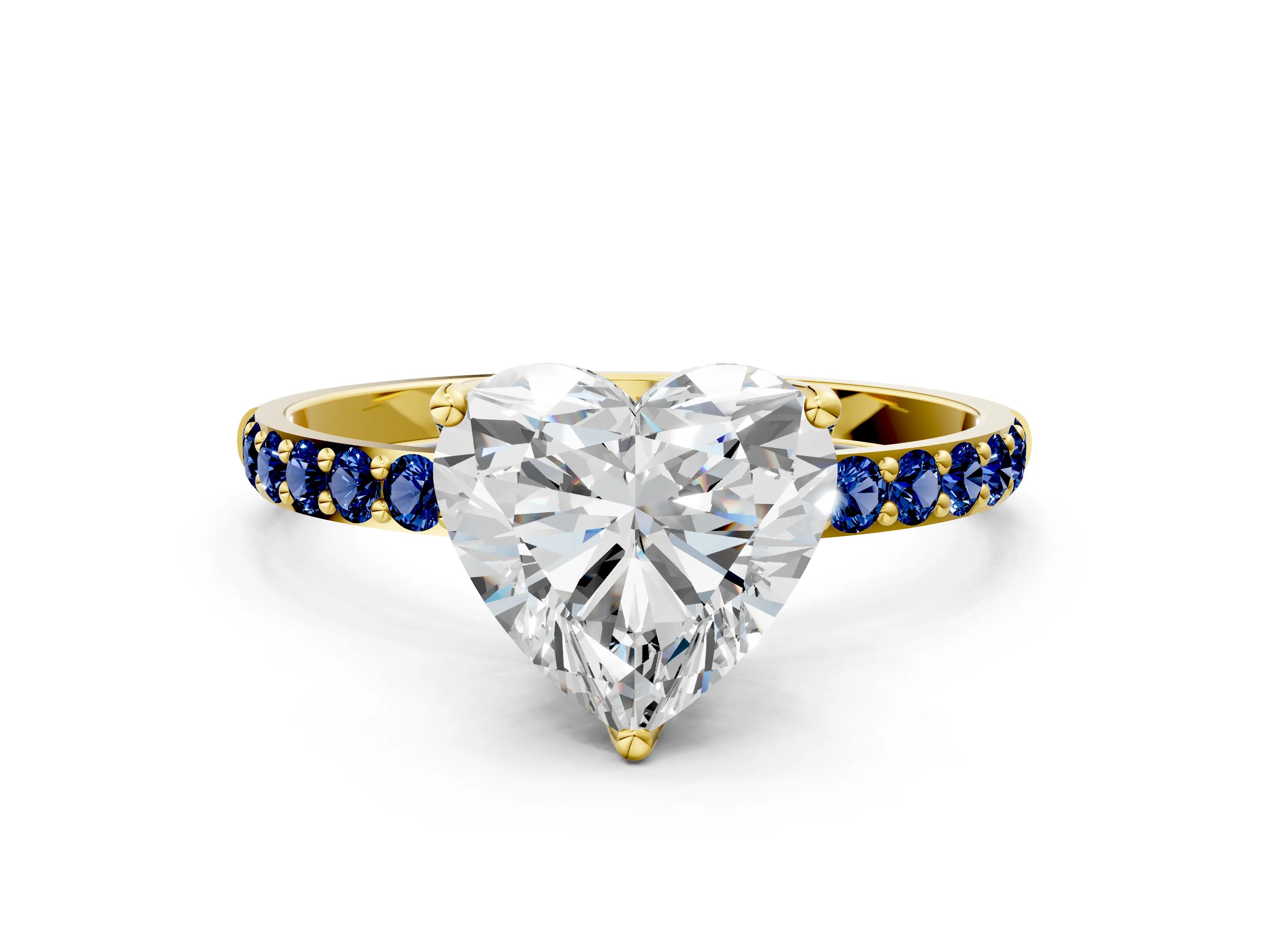 Yellow gold Heart Cut Diamond Solitaire Engagement Ring with Round with Blue Sapphire side stone Pavé Band and Prong Setting