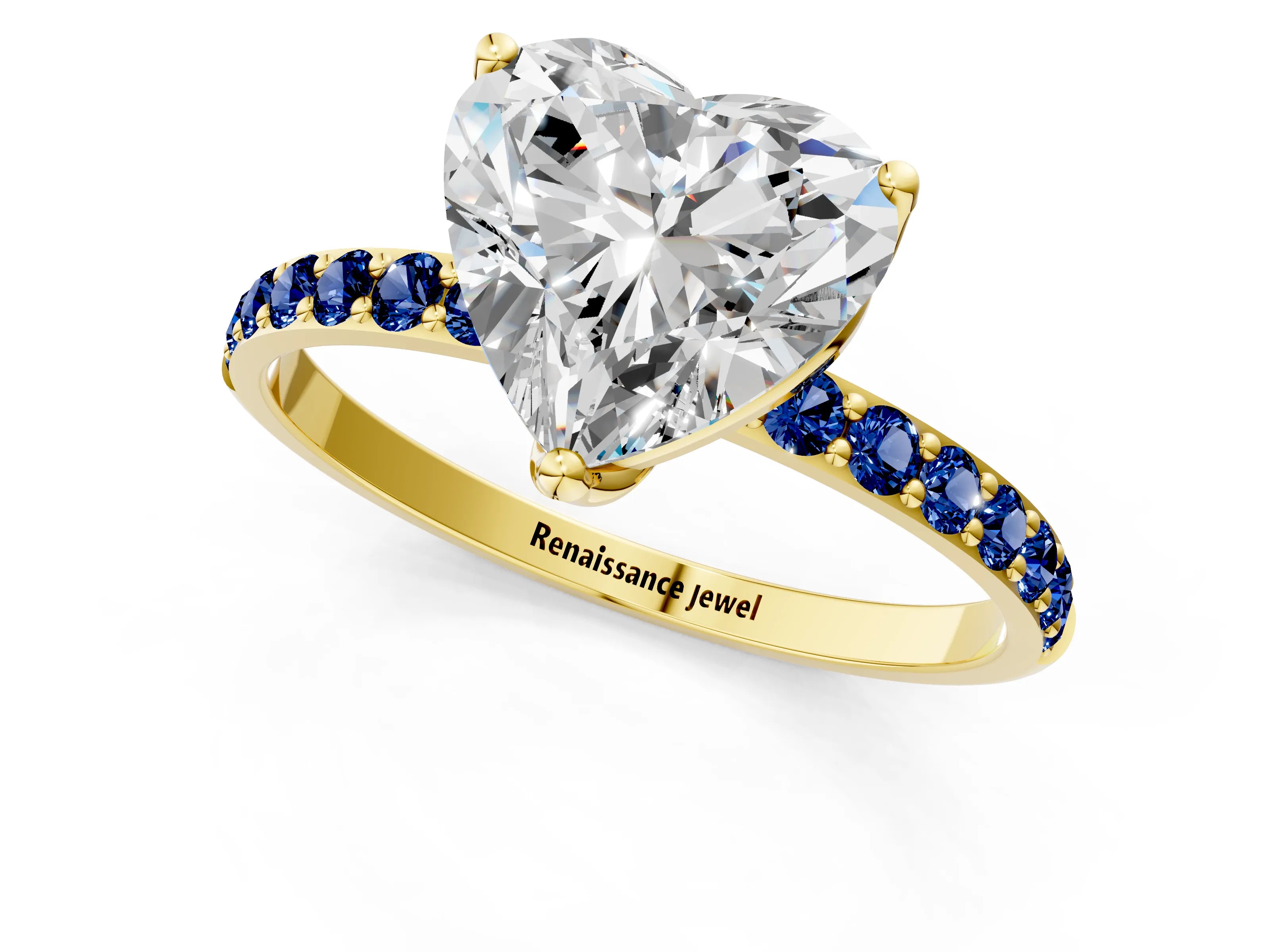 Yellow gold Heart Cut Diamond Solitaire Engagement Ring with Round with Blue Sapphire side stone Pavé Band and Prong Setting_1