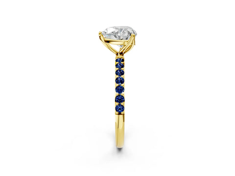Yellow gold Heart Cut Diamond Solitaire Engagement Ring with Round with Blue Sapphire side stone Pavé Band and Prong Setting_2