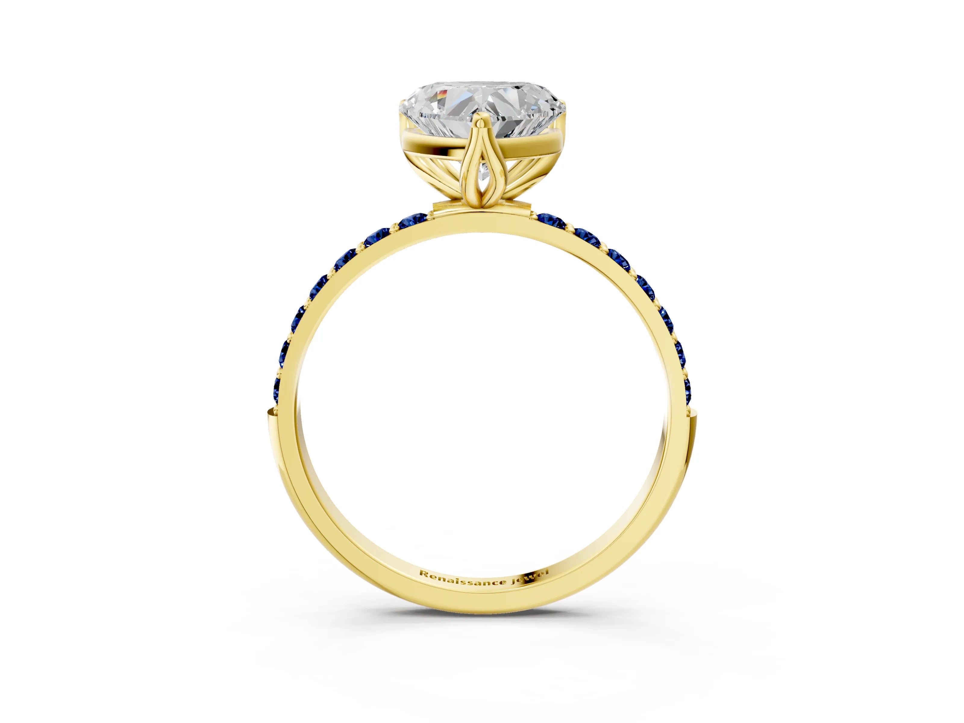 Yellow gold Heart Cut Diamond Solitaire Engagement Ring with Round with Blue Sapphire side stone Pavé Band and Prong Setting_3