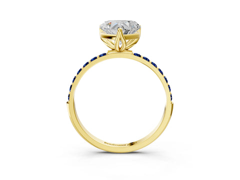 Yellow gold Heart Cut Diamond Solitaire Engagement Ring with Round with Blue Sapphire side stone Pavé Band and Prong Setting_3