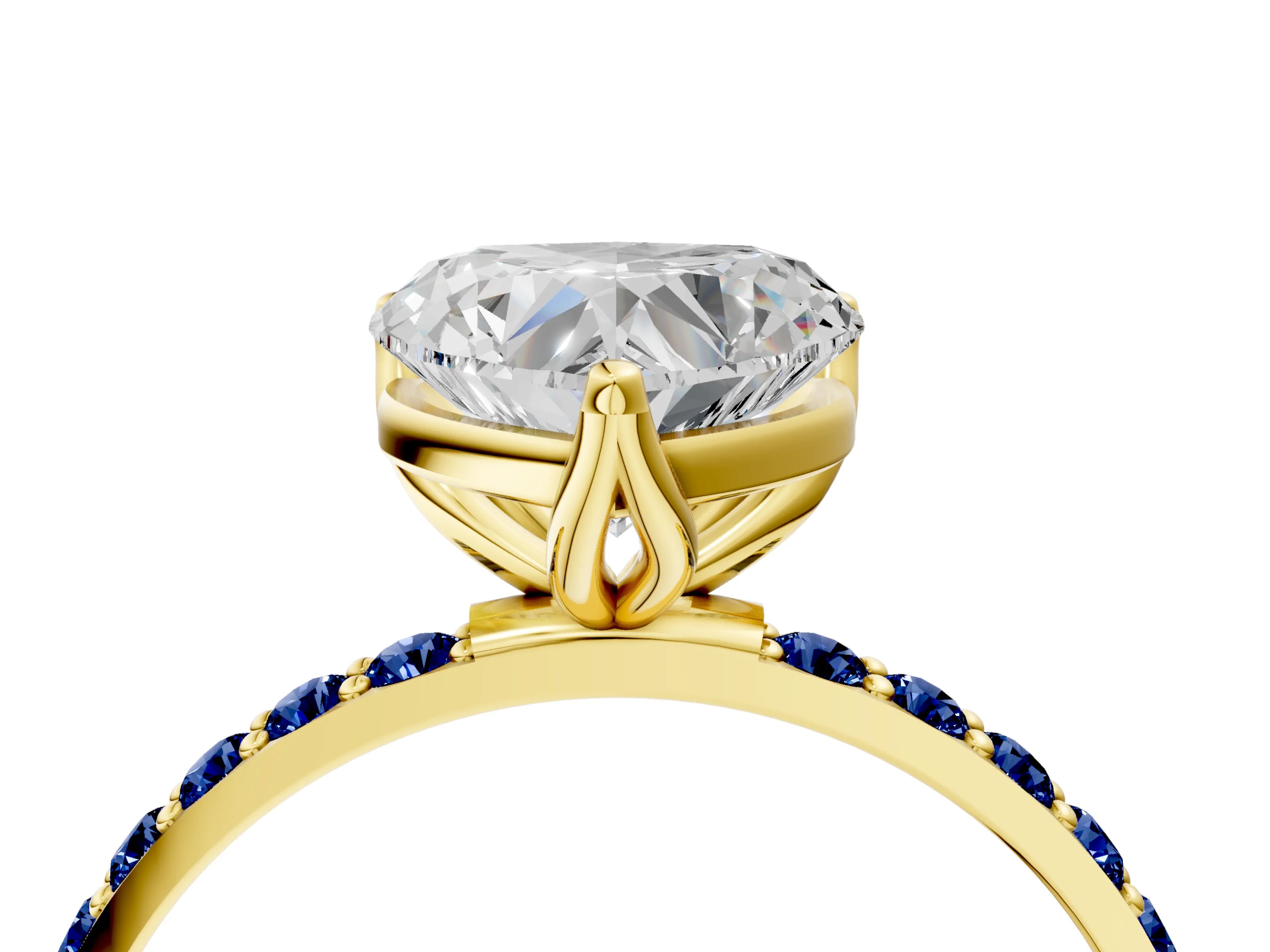 Yellow gold Heart Cut Diamond Solitaire Engagement Ring with Round with Blue Sapphire side stone Pavé Band and Prong Setting_4