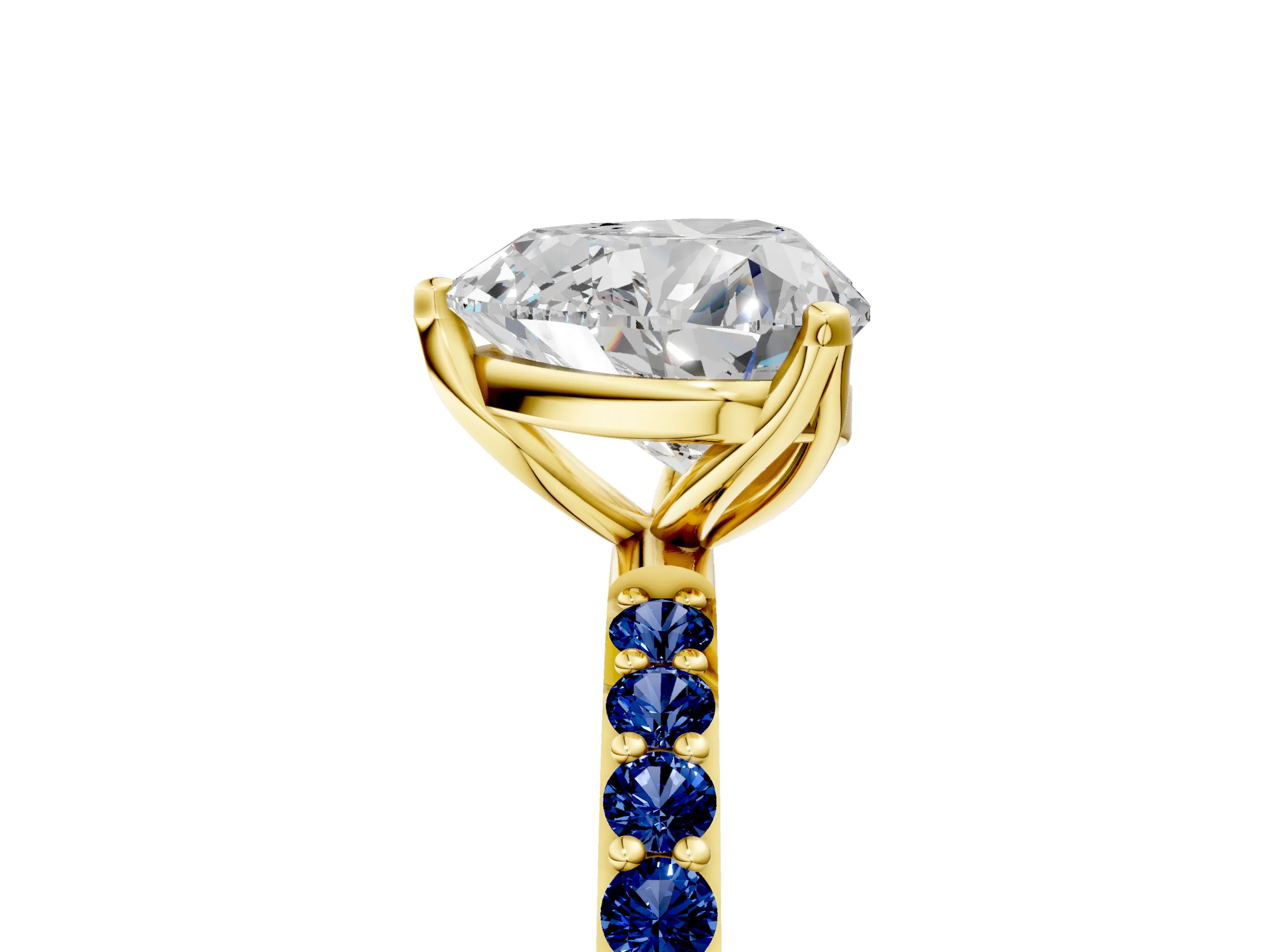 Yellow gold Heart Cut Diamond Solitaire Engagement Ring with Round with Blue Sapphire side stone Pavé Band and Prong Setting_5