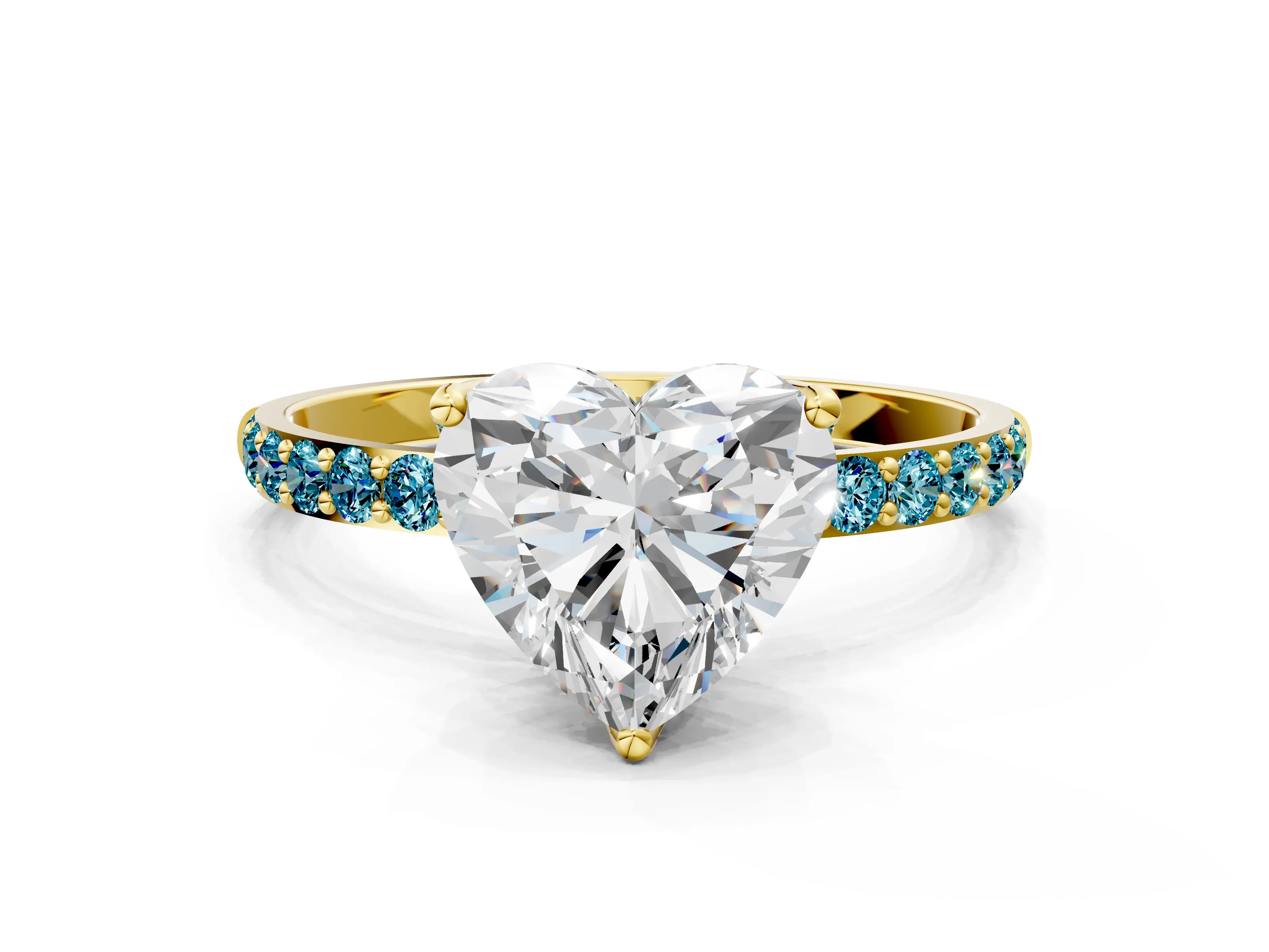 Yellow gold Heart Cut Diamond Solitaire Engagement Ring with Round with Blue Topaz side stone Pavé Band and Prong Setting