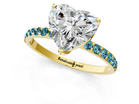 Yellow gold Heart Cut Diamond Solitaire Engagement Ring with Round with Blue Topaz side stone Pavé Band and Prong Setting_1