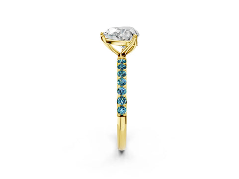 Yellow gold Heart Cut Diamond Solitaire Engagement Ring with Round with Blue Topaz side stone Pavé Band and Prong Setting_2