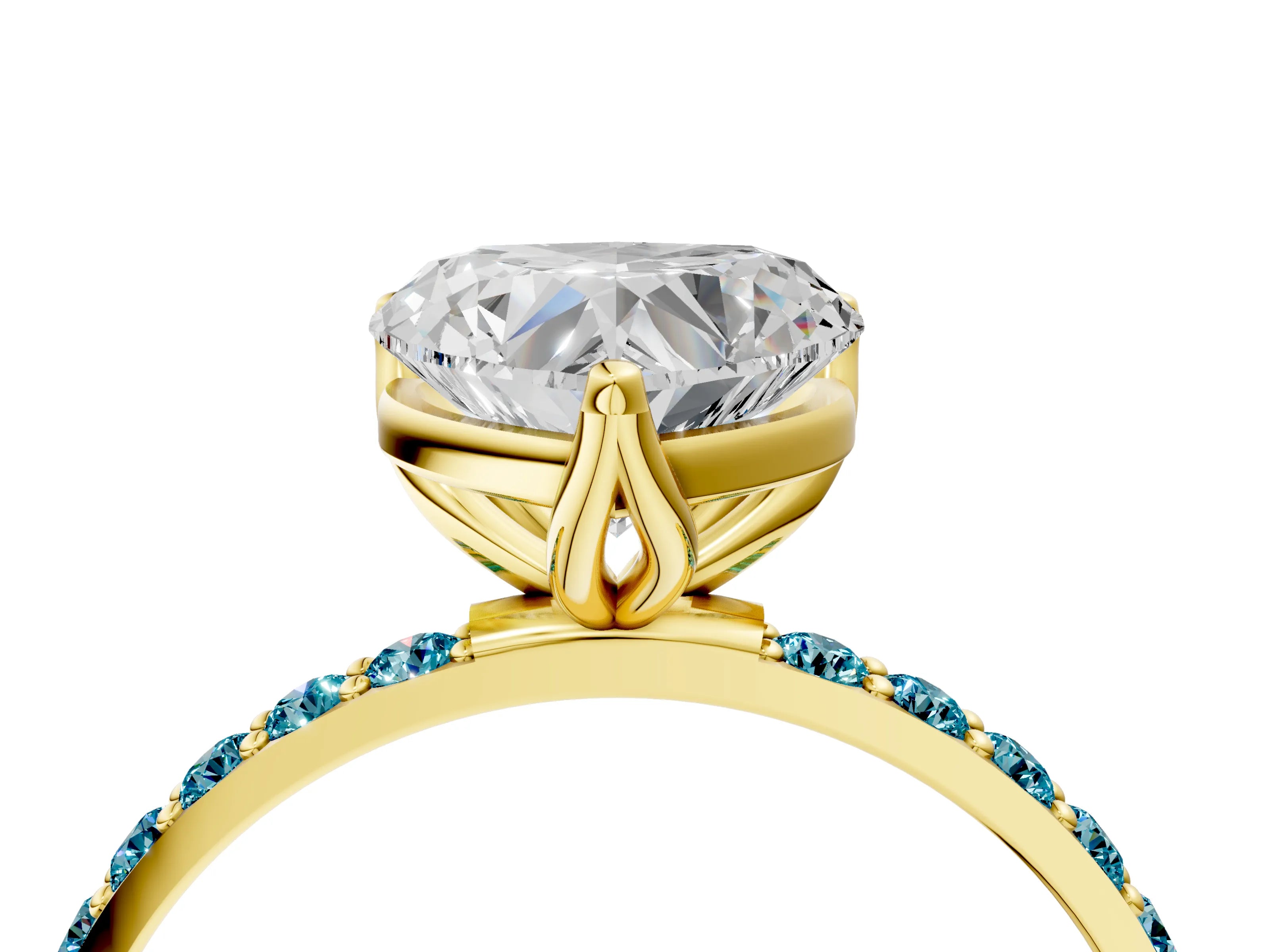 Yellow gold Heart Cut Diamond Solitaire Engagement Ring with Round with Blue Topaz side stone Pavé Band and Prong Setting_4