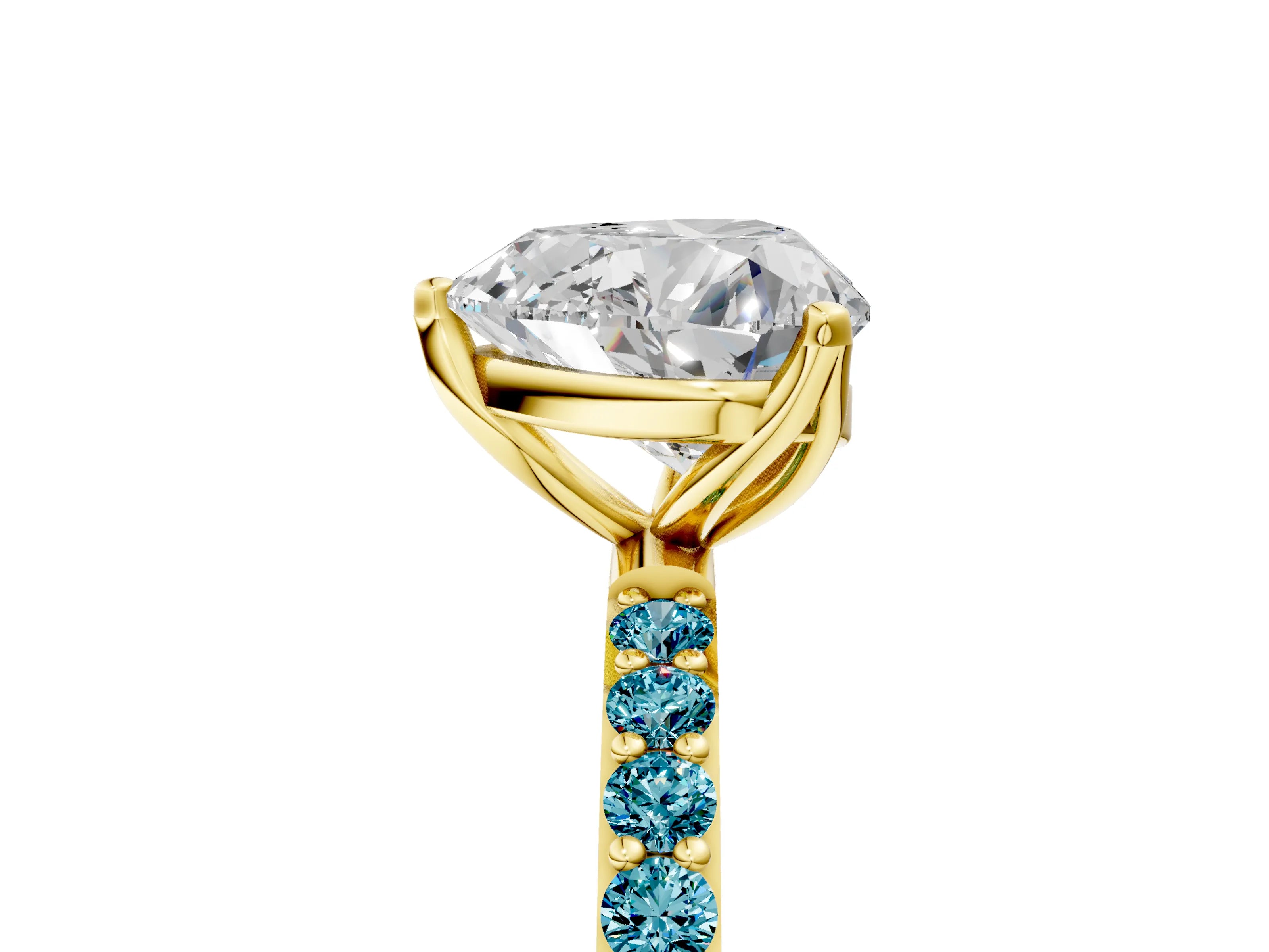 Yellow gold Heart Cut Diamond Solitaire Engagement Ring with Round with Blue Topaz side stone Pavé Band and Prong Setting_5