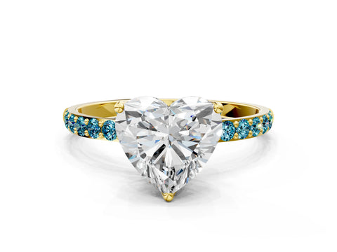 Yellow gold Heart Cut Diamond Solitaire Engagement Ring with Round with Blue Topaz side stone Pavé Band and Prong Setting