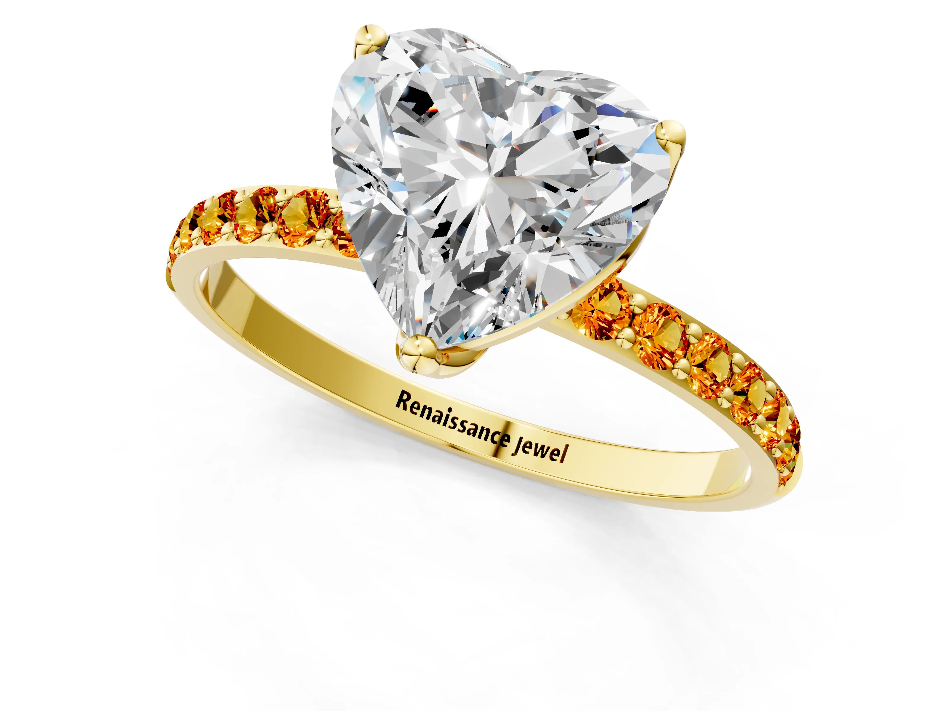 Yellow gold Heart Cut Diamond Solitaire Engagement Ring with Round with Citrine side stone Pavé Band and Prong Setting_1