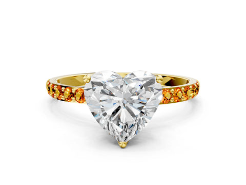 Yellow gold Heart Cut Diamond Solitaire Engagement Ring with Round with Citrine side stone Pavé Band and Prong Setting