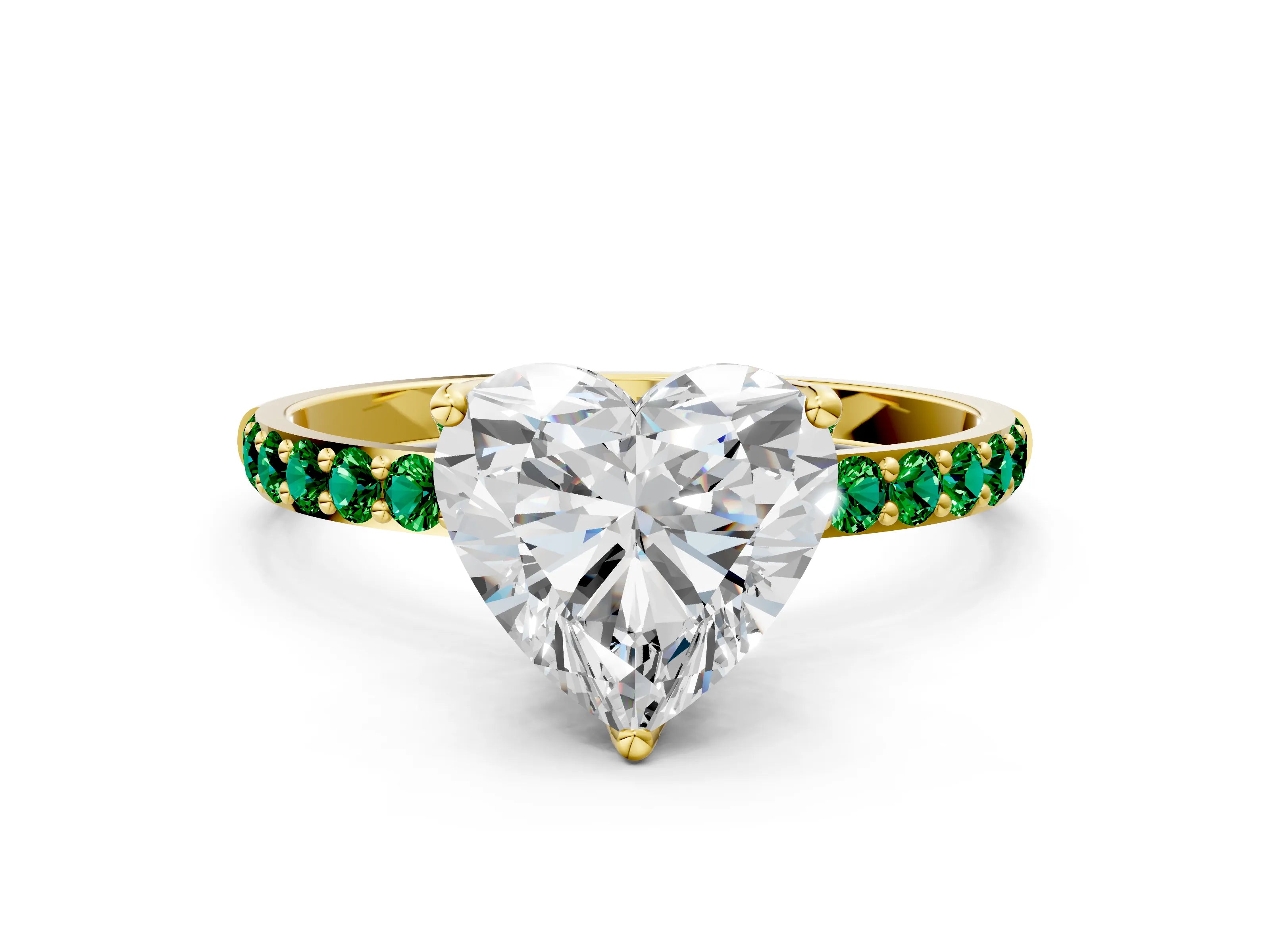 Yellow gold Heart Cut Diamond Solitaire Engagement Ring with Round with Emerald side stone Pavé Band and Prong Setting