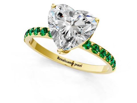 Yellow gold Heart Cut Diamond Solitaire Engagement Ring with Round with Emerald side stone Pavé Band and Prong Setting_1