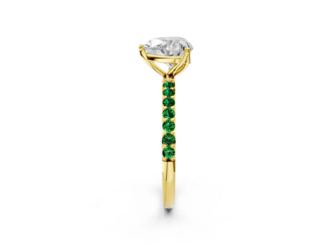 Yellow gold Heart Cut Diamond Solitaire Engagement Ring with Round with Emerald side stone Pavé Band and Prong Setting_2