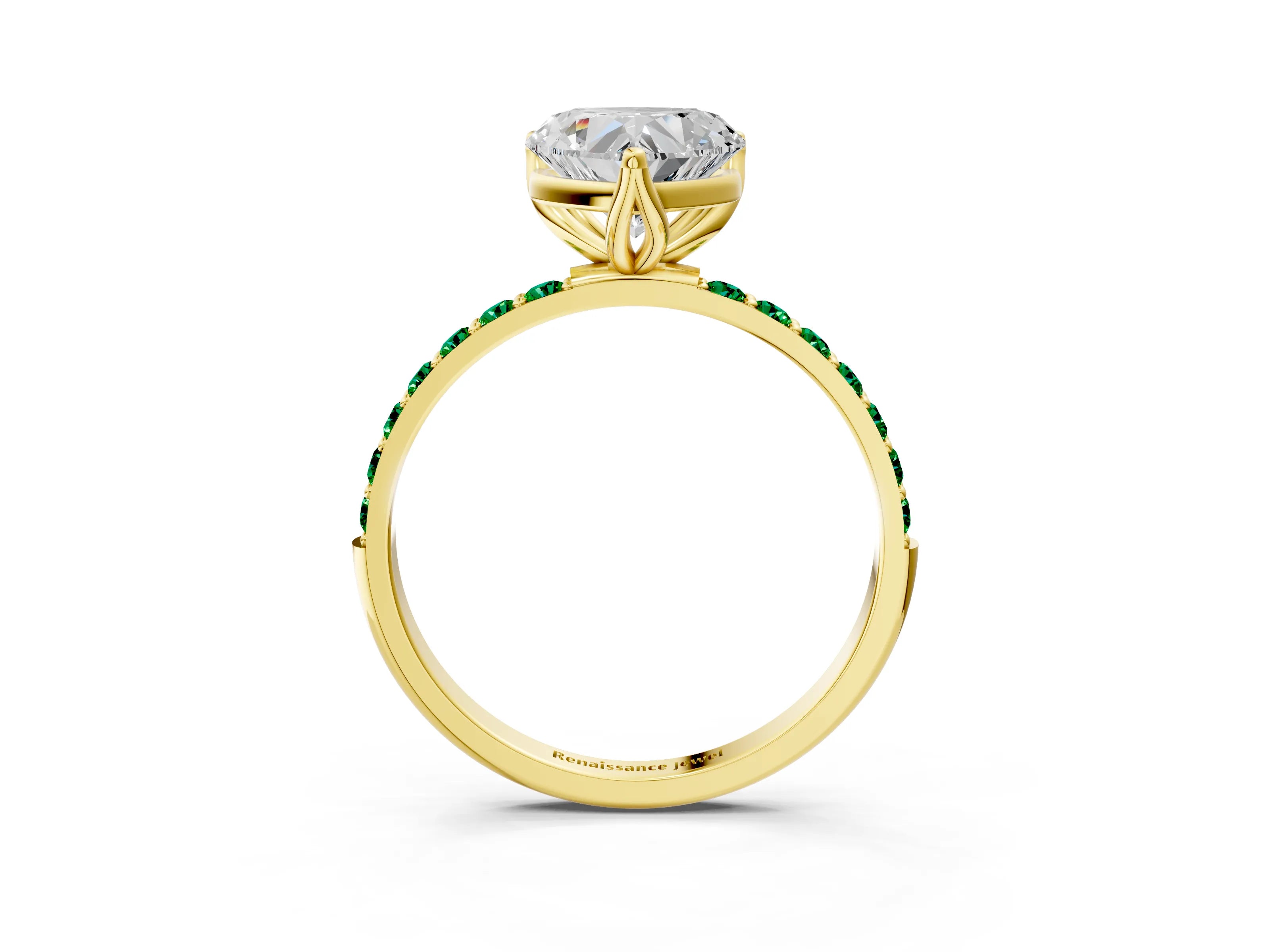 Yellow gold Heart Cut Diamond Solitaire Engagement Ring with Round with Emerald side stone Pavé Band and Prong Setting_3
